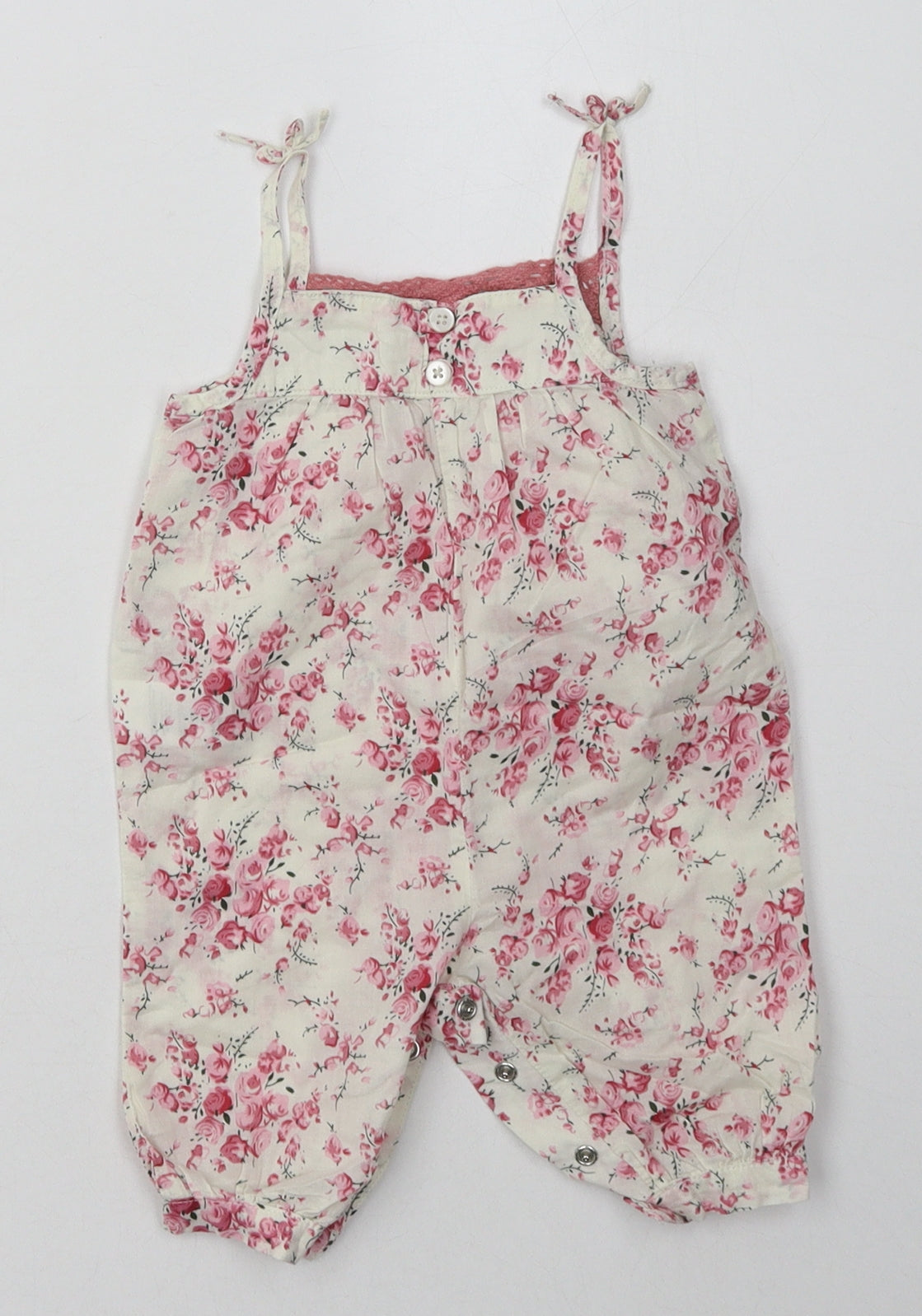 F&F Girls Beige Floral Cotton Dungaree One-Piece Size 0-3 Months  Buckle