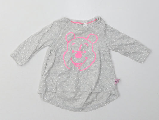Front view of Disney girls’ grey polka dot cotton a-line, size 3-6, months crew neck pullover - winnie the pooh