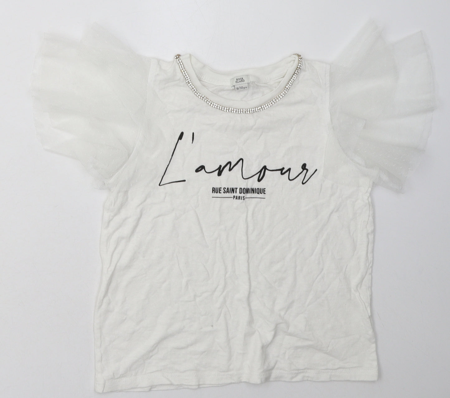 River Island Girls White  Cotton Basic T-Shirt Size 9-10 Years Crew Neck Pullover