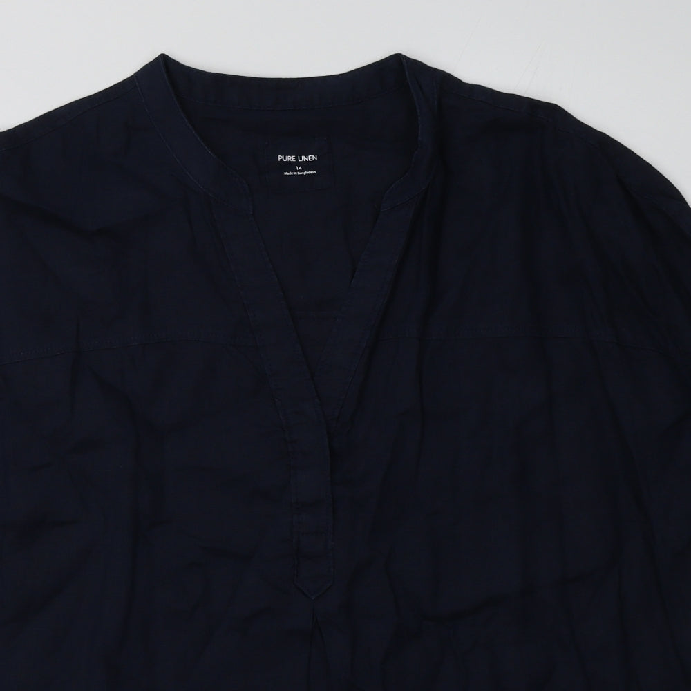 Marks and Spencer Womens Blue  Linen Basic T-Shirt Size 14 V-Neck