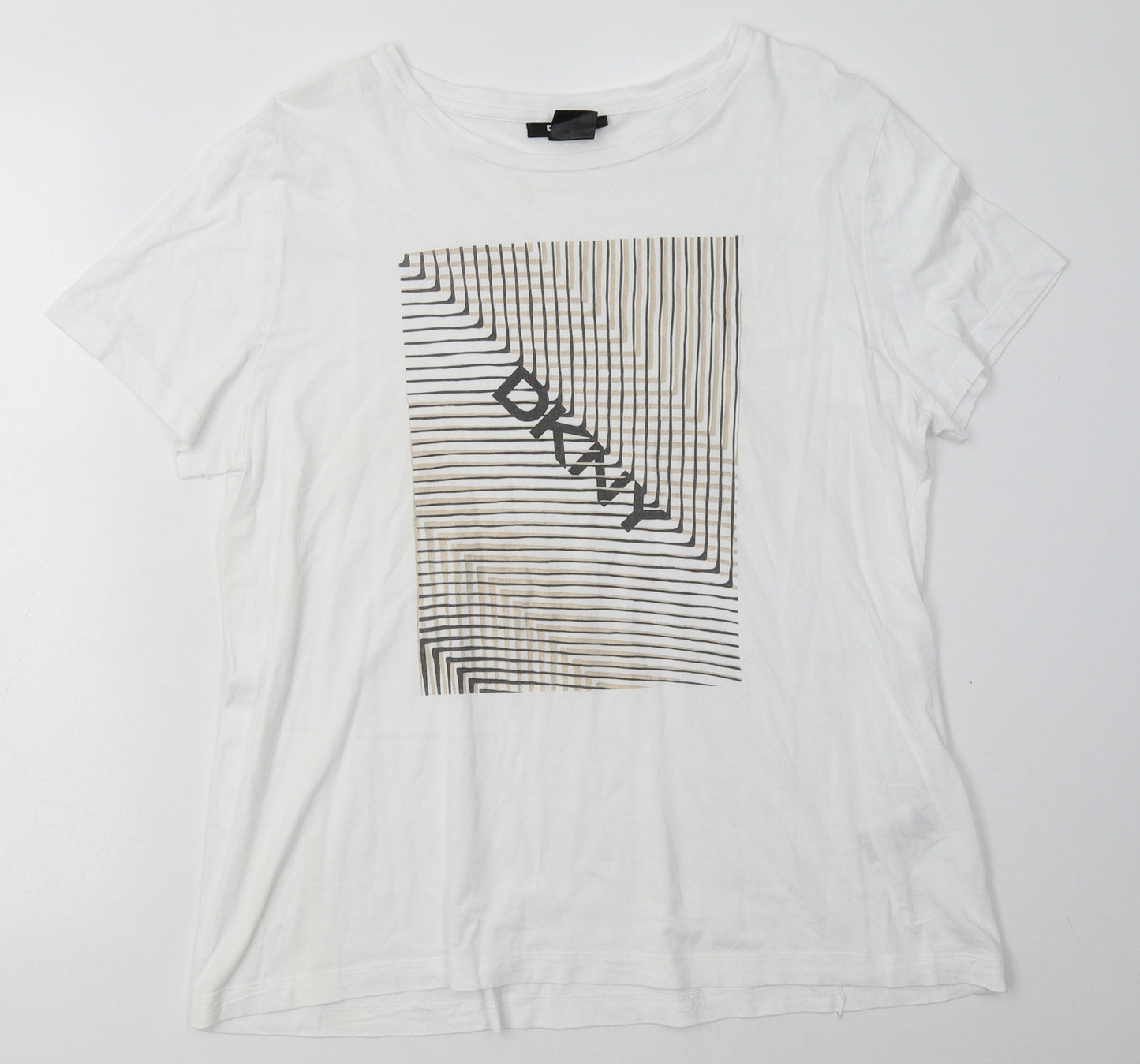 DKNY Womens White Geometric Cotton Basic T-Shirt Size M Crew Neck