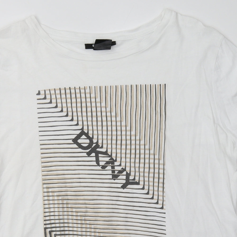 DKNY Womens White Geometric Cotton Basic T-Shirt Size M Crew Neck