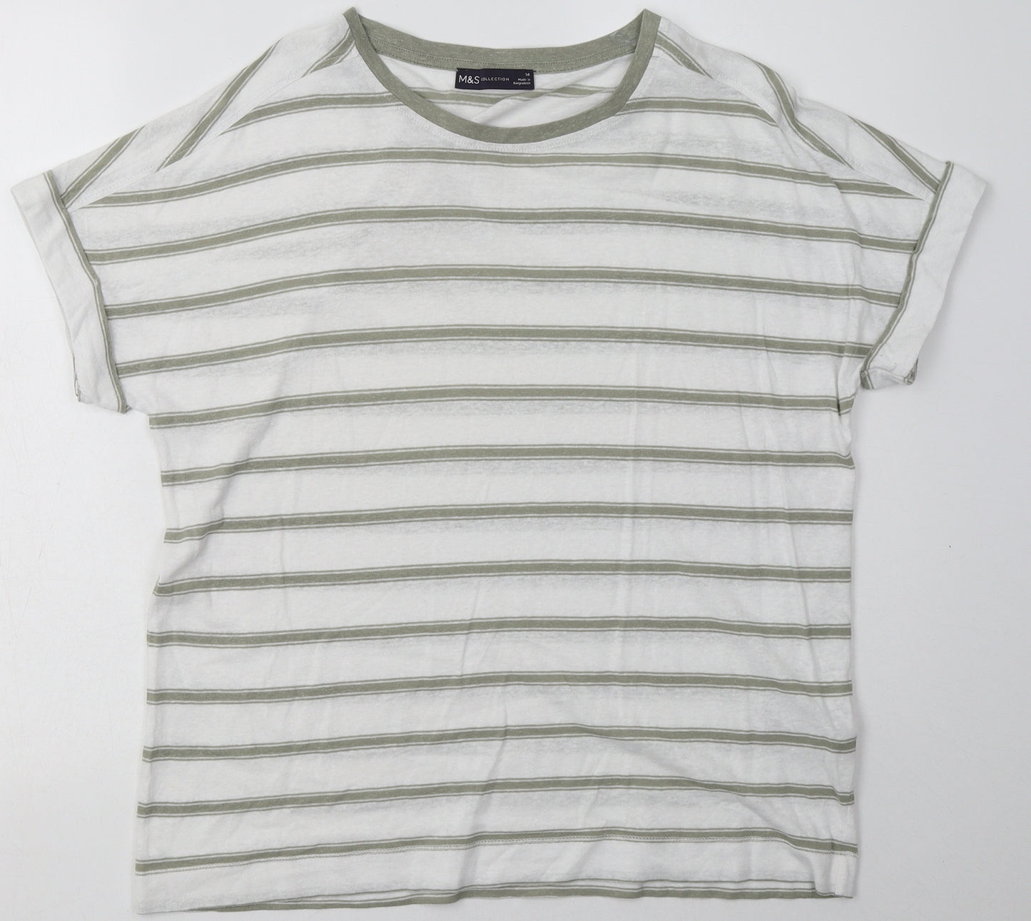 Marks and Spencer Womens White Striped Linen Basic T-Shirt Size 14 Crew Neck