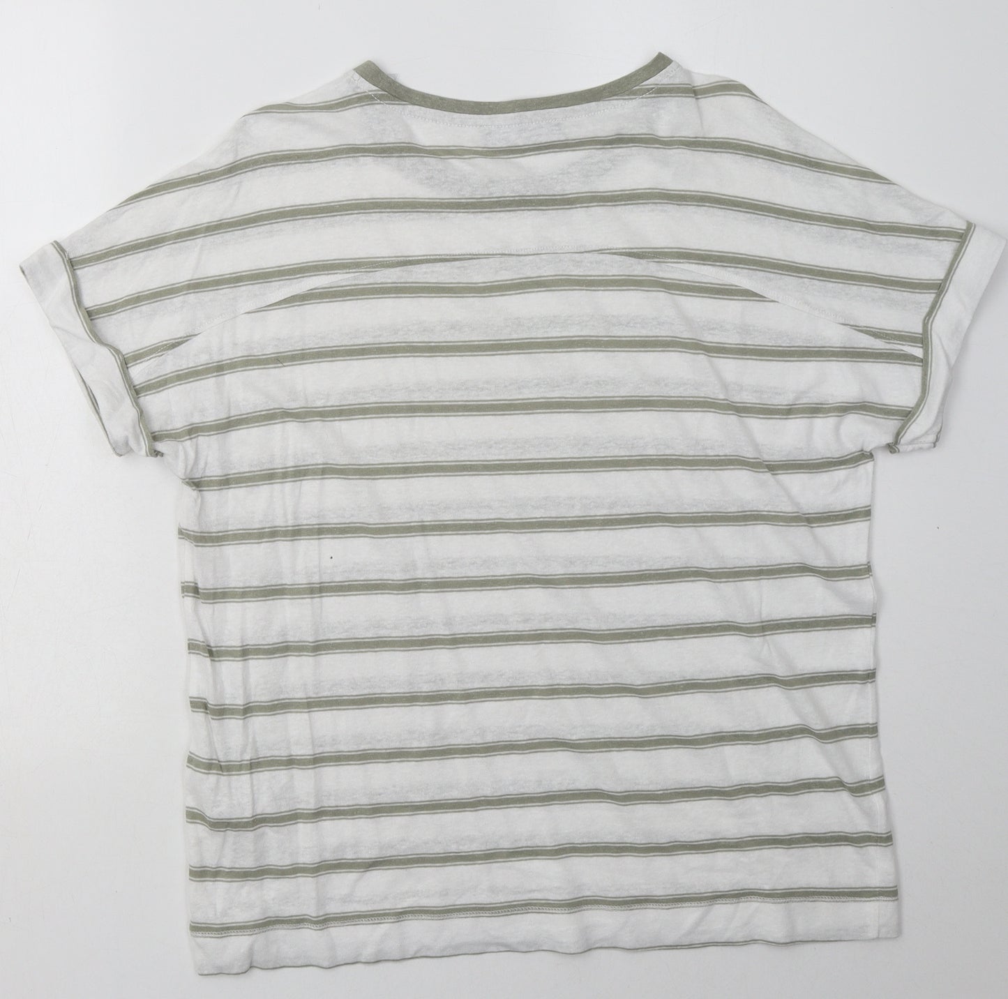 Marks and Spencer Womens White Striped Linen Basic T-Shirt Size 14 Crew Neck