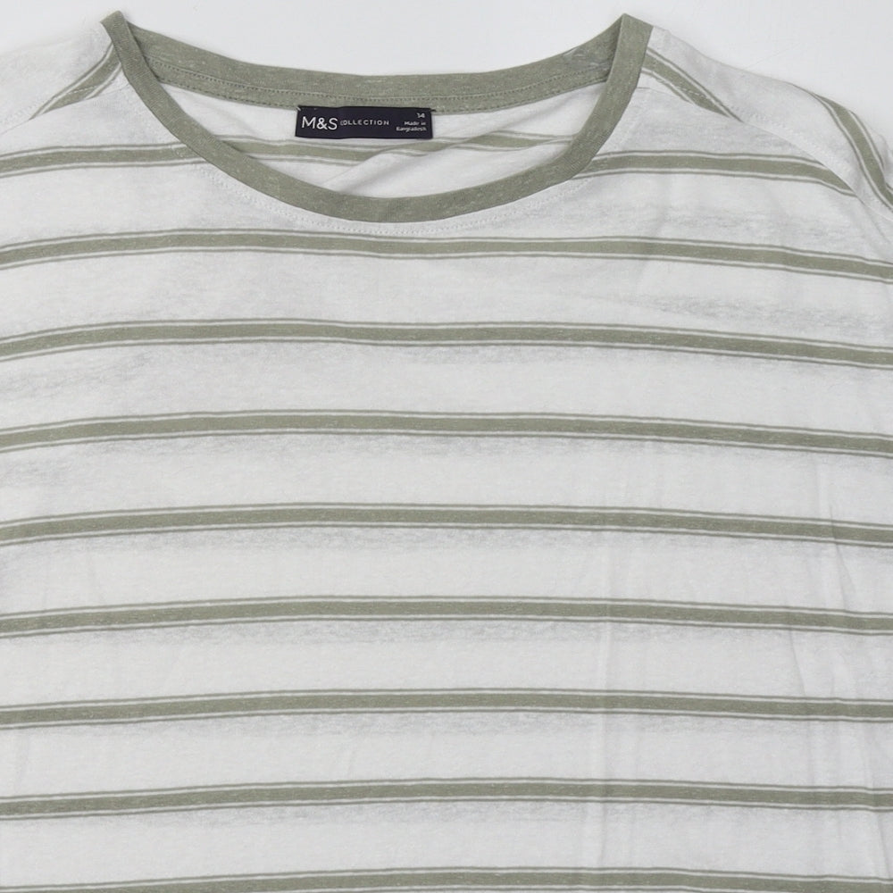 Marks and Spencer Womens White Striped Linen Basic T-Shirt Size 14 Crew Neck