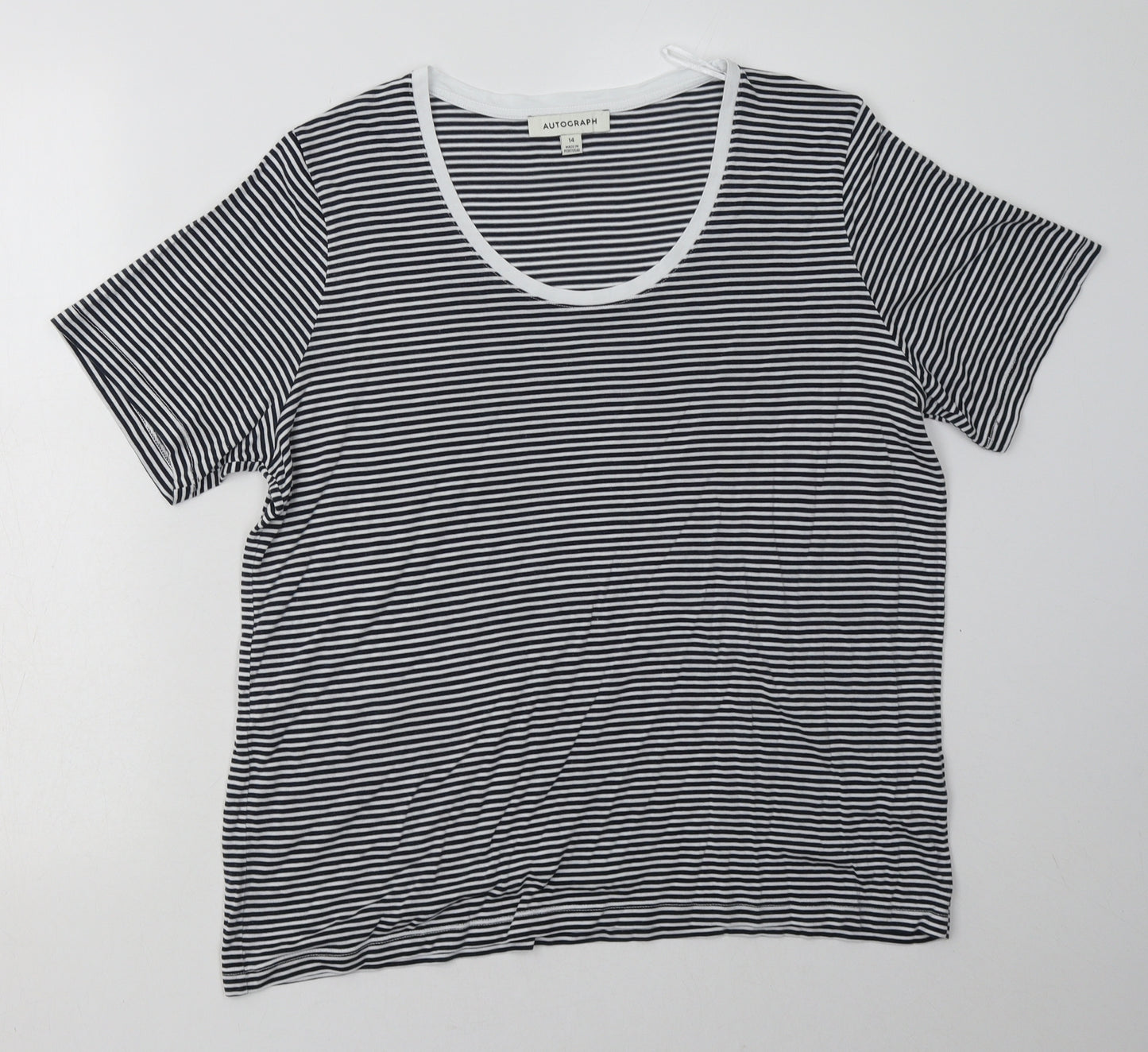 Marks and Spencer Womens Blue Striped Lyocell Basic T-Shirt Size 14 Crew Neck