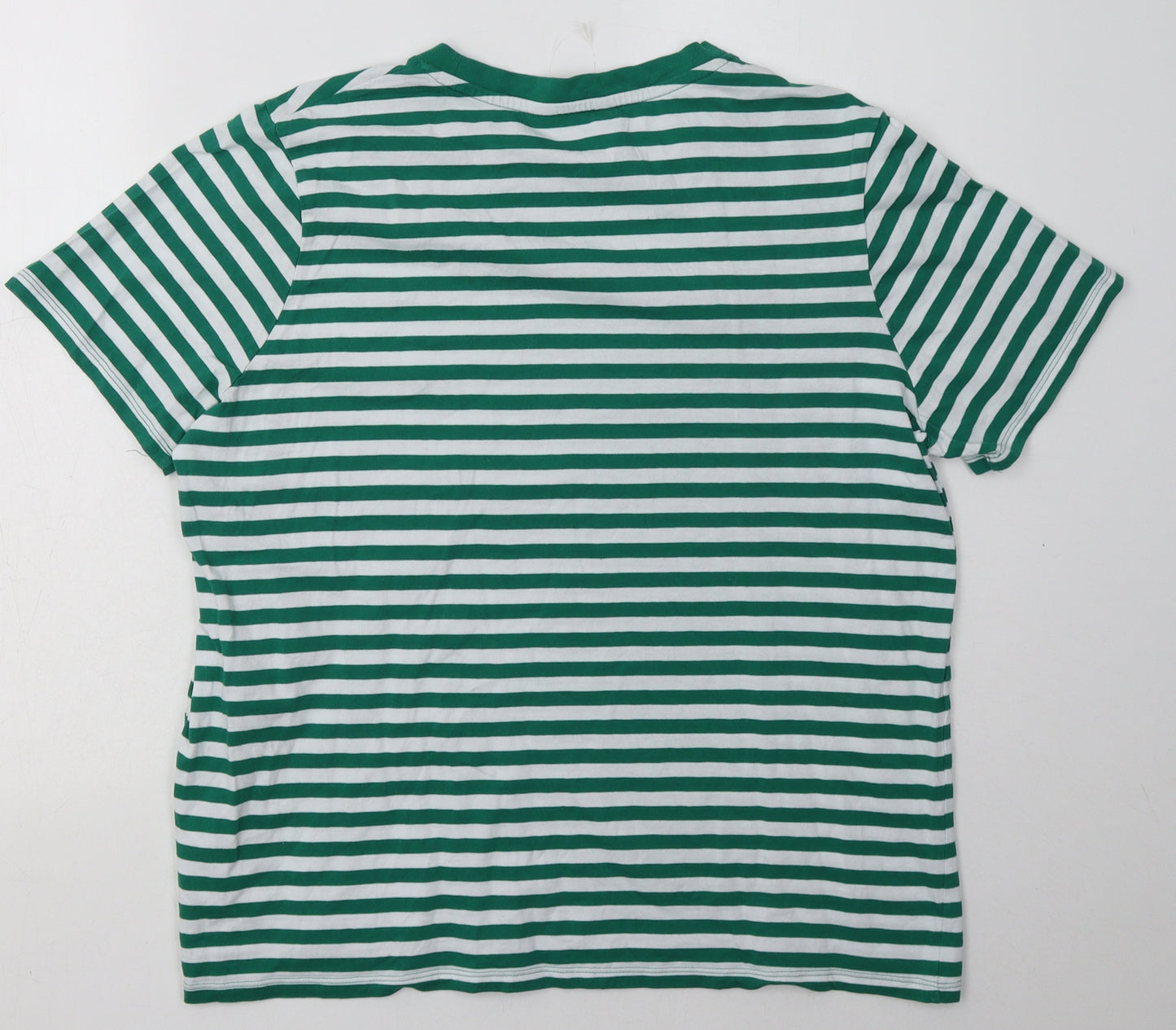 Marks and Spencer Womens Green Striped Cotton Basic T-Shirt Size 16 Crew Neck