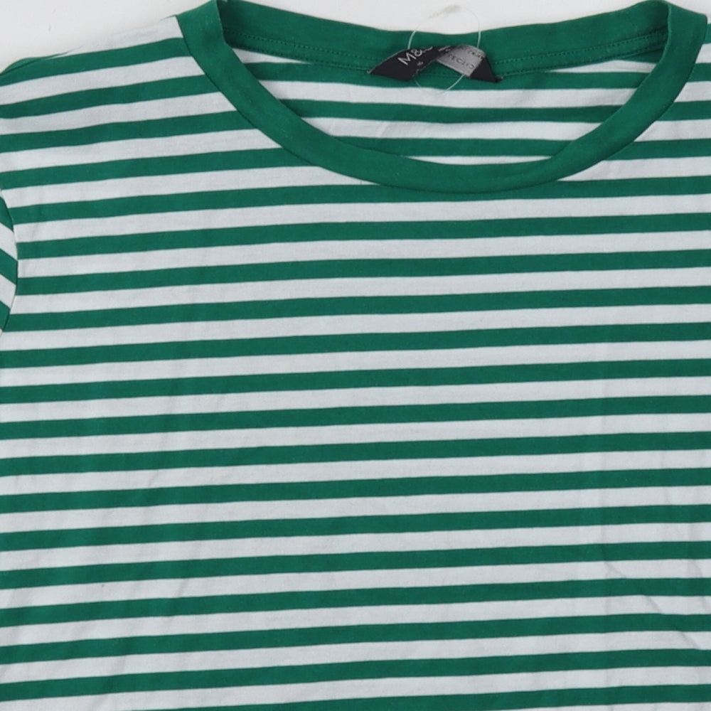 Marks and Spencer Womens Green Striped Cotton Basic T-Shirt Size 16 Crew Neck