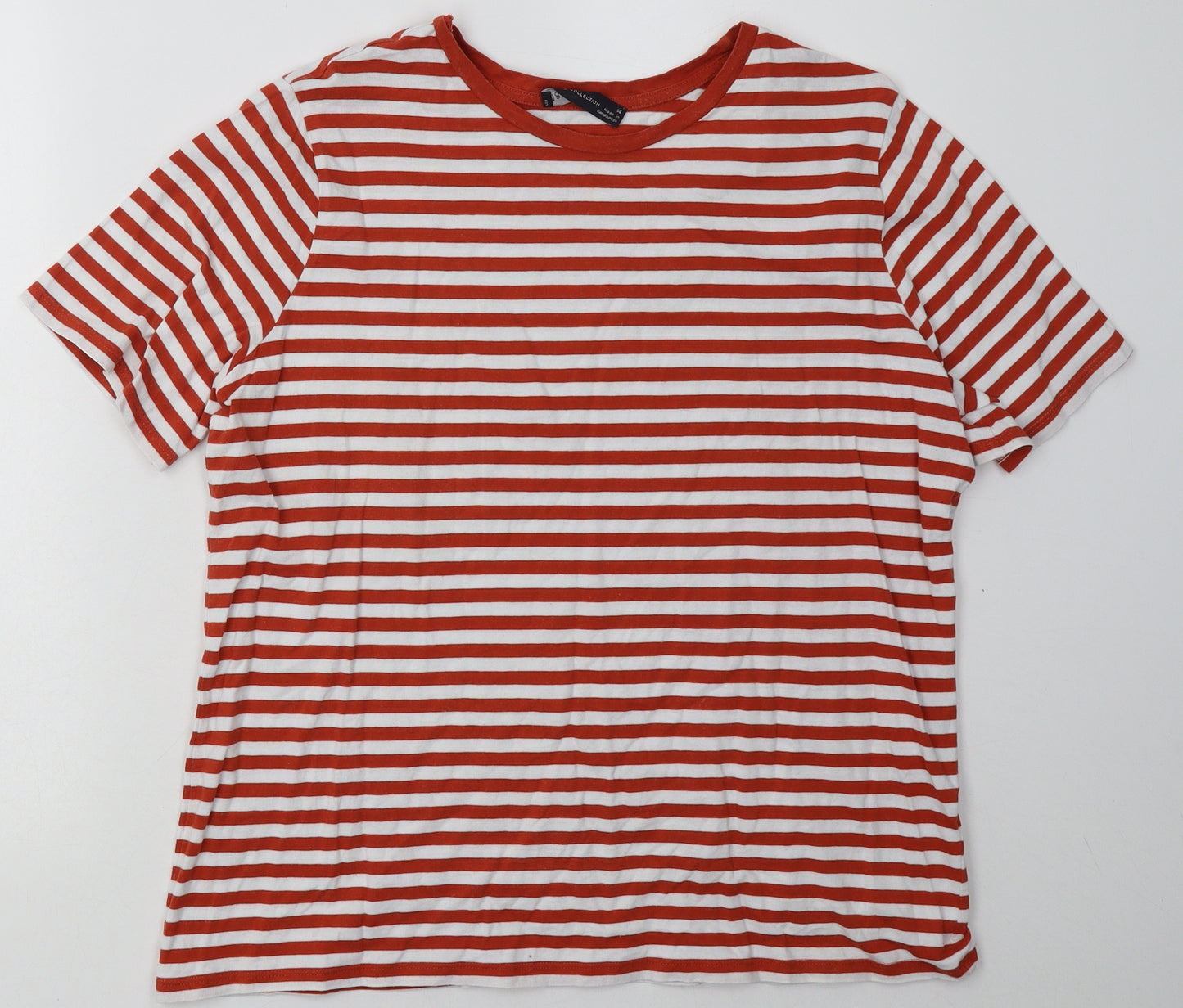 Marks and Spencer Womens Orange Striped Cotton Basic T-Shirt Size 14 Crew Neck