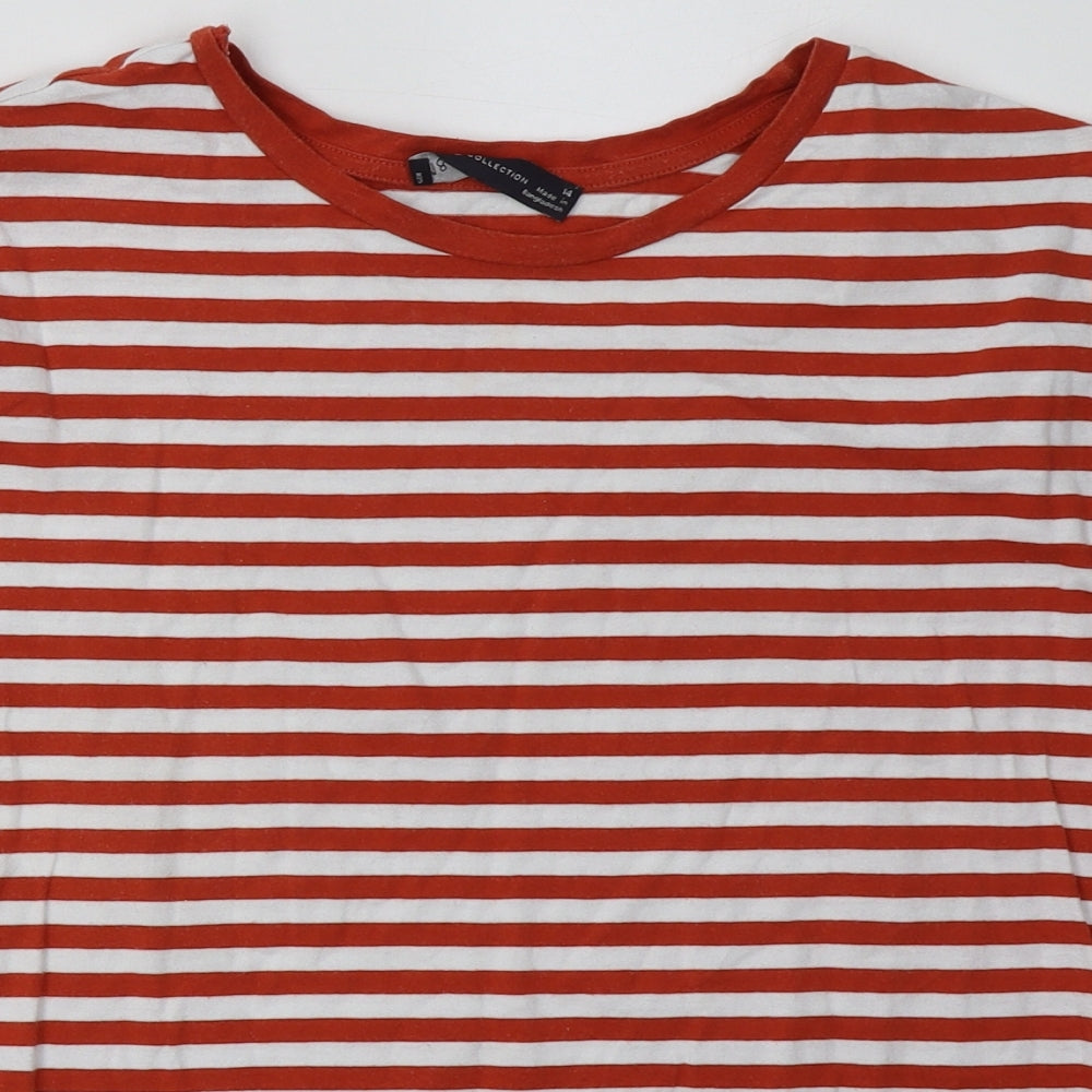 Marks and Spencer Womens Orange Striped Cotton Basic T-Shirt Size 14 Crew Neck