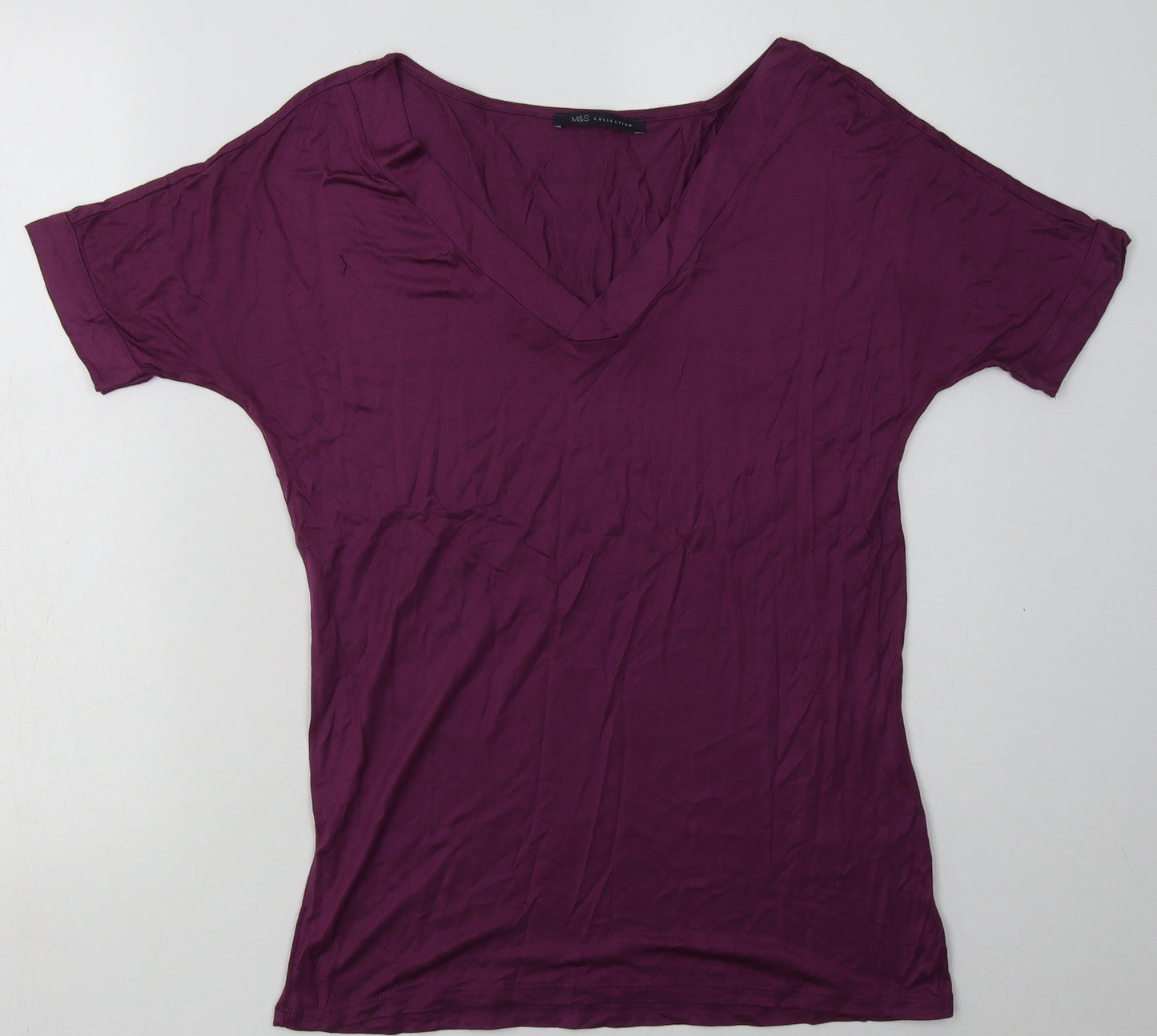 Marks and Spencer Womens Purple  Viscose Basic T-Shirt Size 8 V-Neck