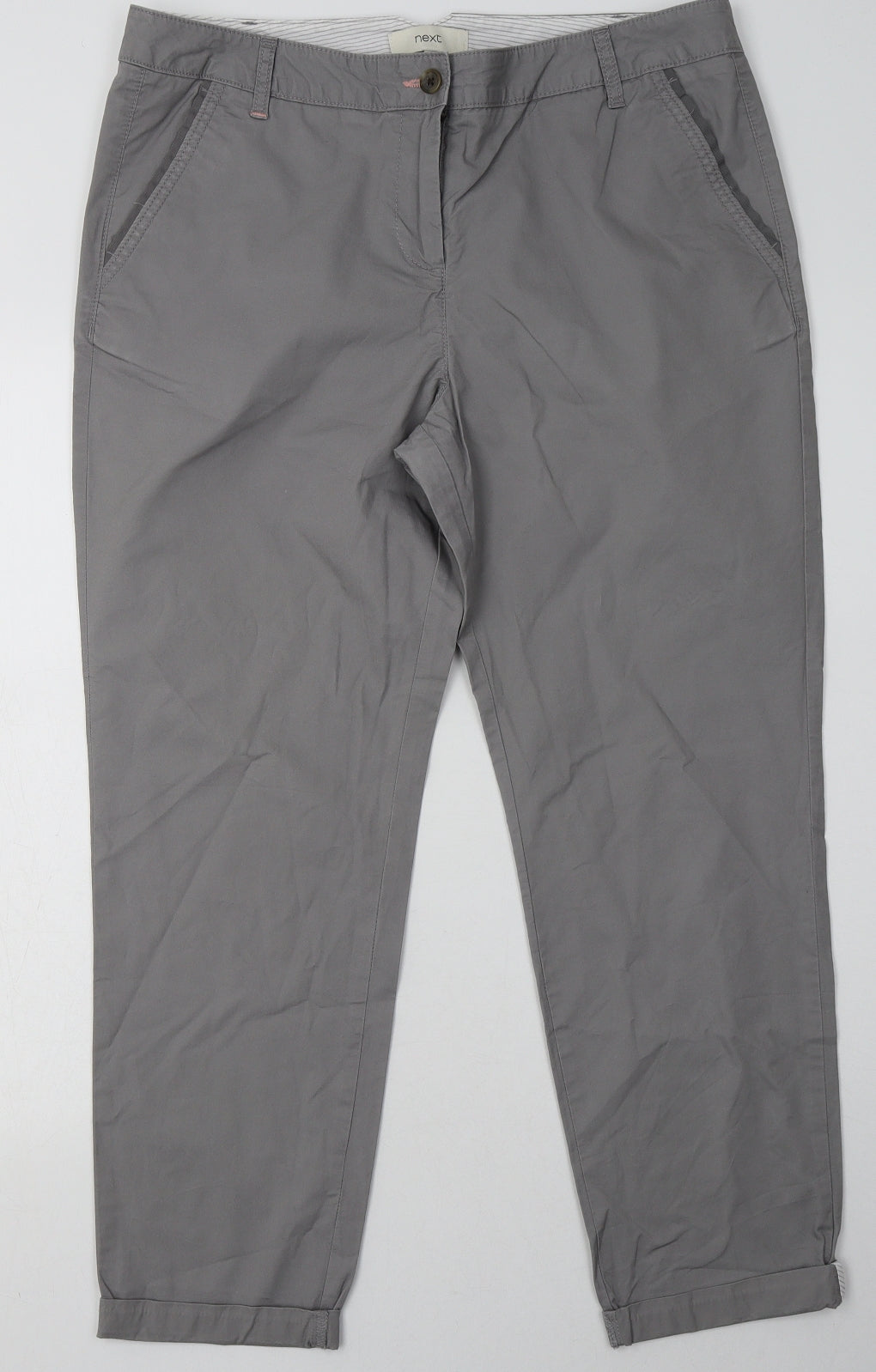 NEXT Womens Grey  Cotton Capri Trousers Size 14 L30 in Regular Button