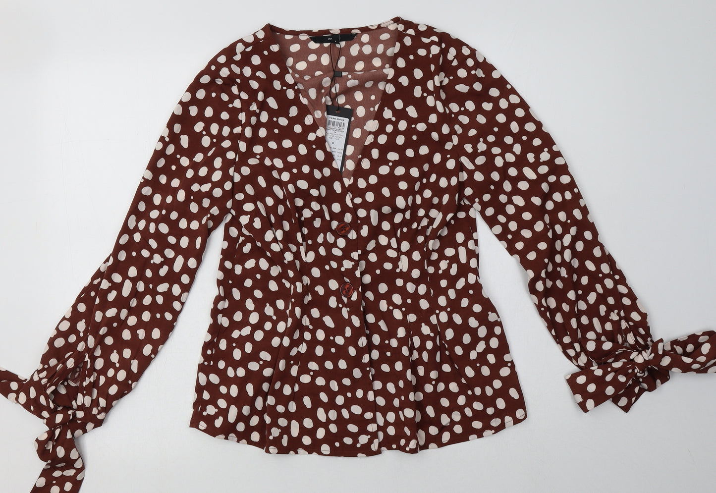 VERO MODA Womens Brown Polka Dot Polyester Basic Blouse Size S V-Neck