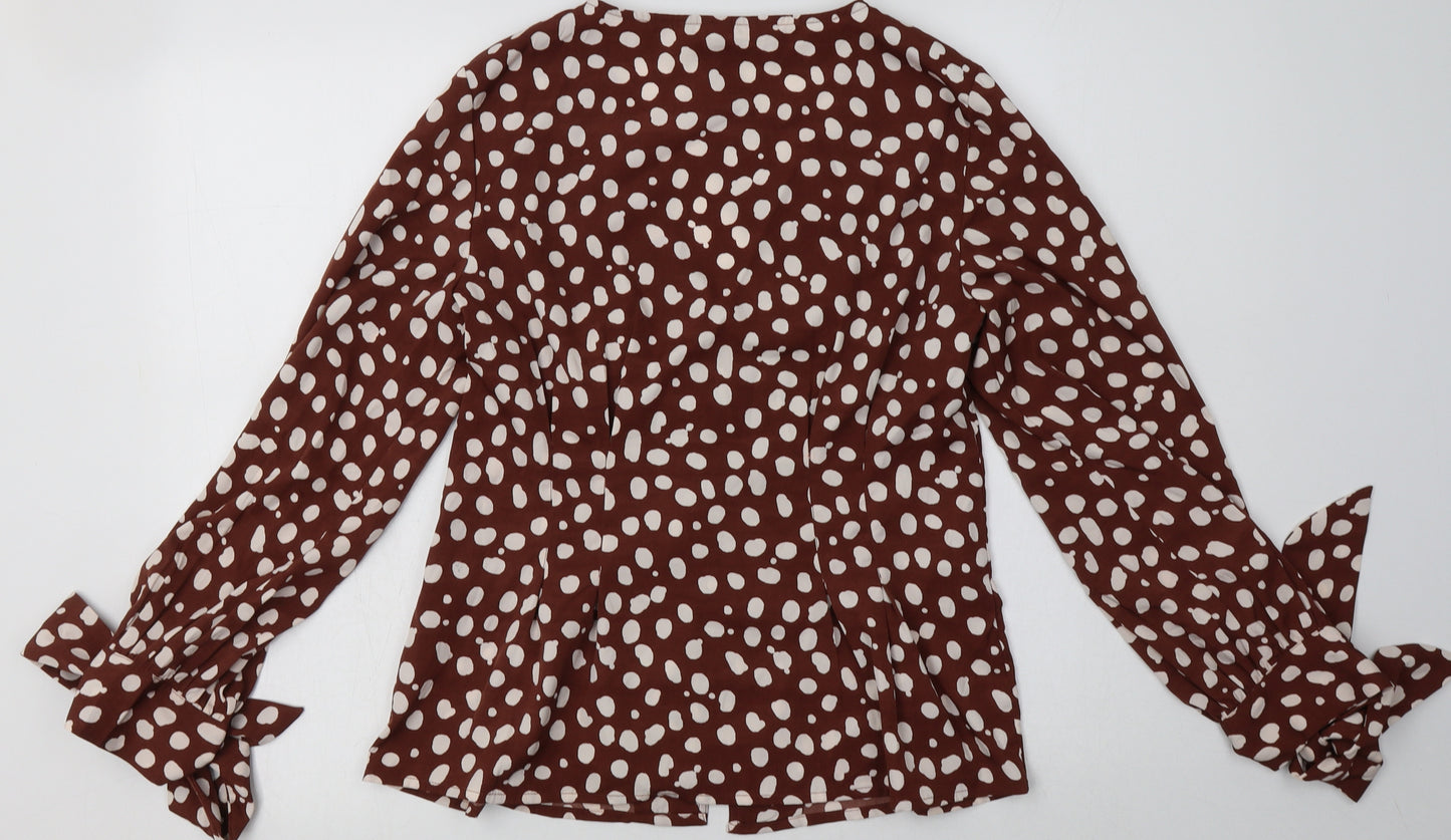 VERO MODA Womens Brown Polka Dot Polyester Basic Blouse Size S V-Neck