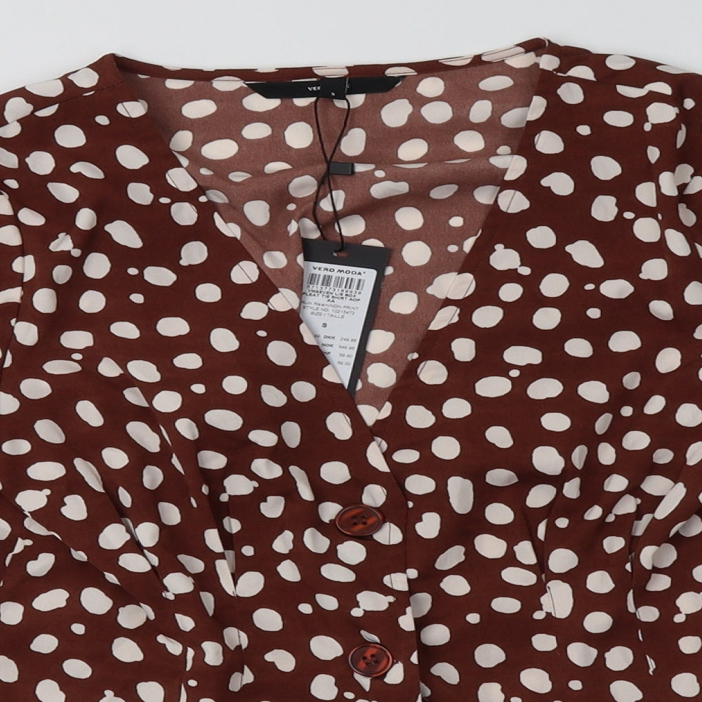 VERO MODA Womens Brown Polka Dot Polyester Basic Blouse Size S V-Neck