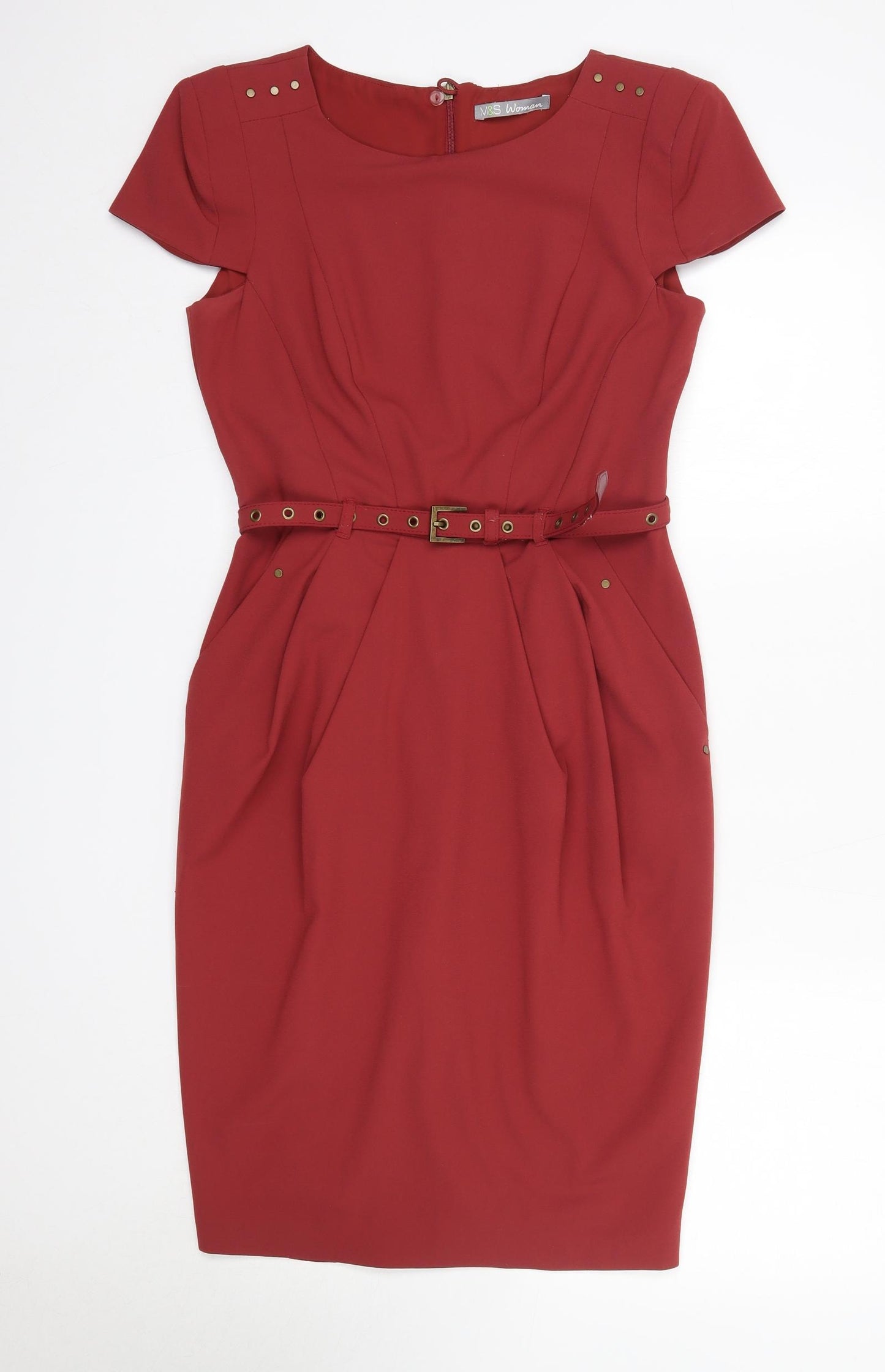 M&S Womens Red  Polyester Pencil Dress  Size 12  Round Neck