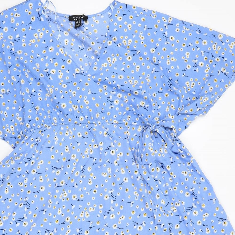New Look Womens Blue Floral Polyester A-Line  Size 16  V-Neck