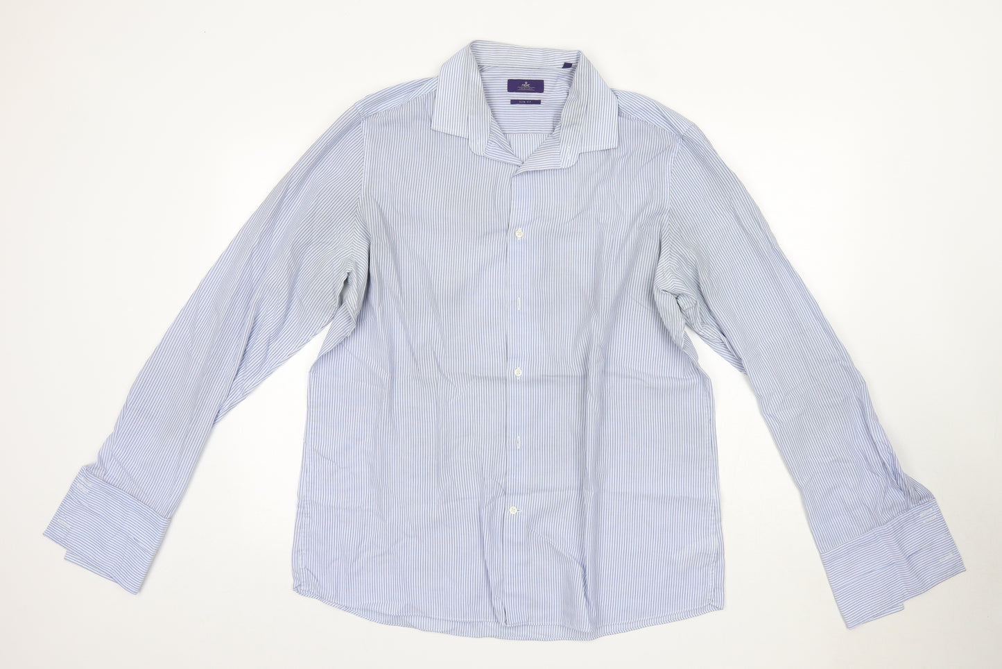 NEXT Mens Blue Striped Polyester  Dress Shirt Size 17.5 Collared