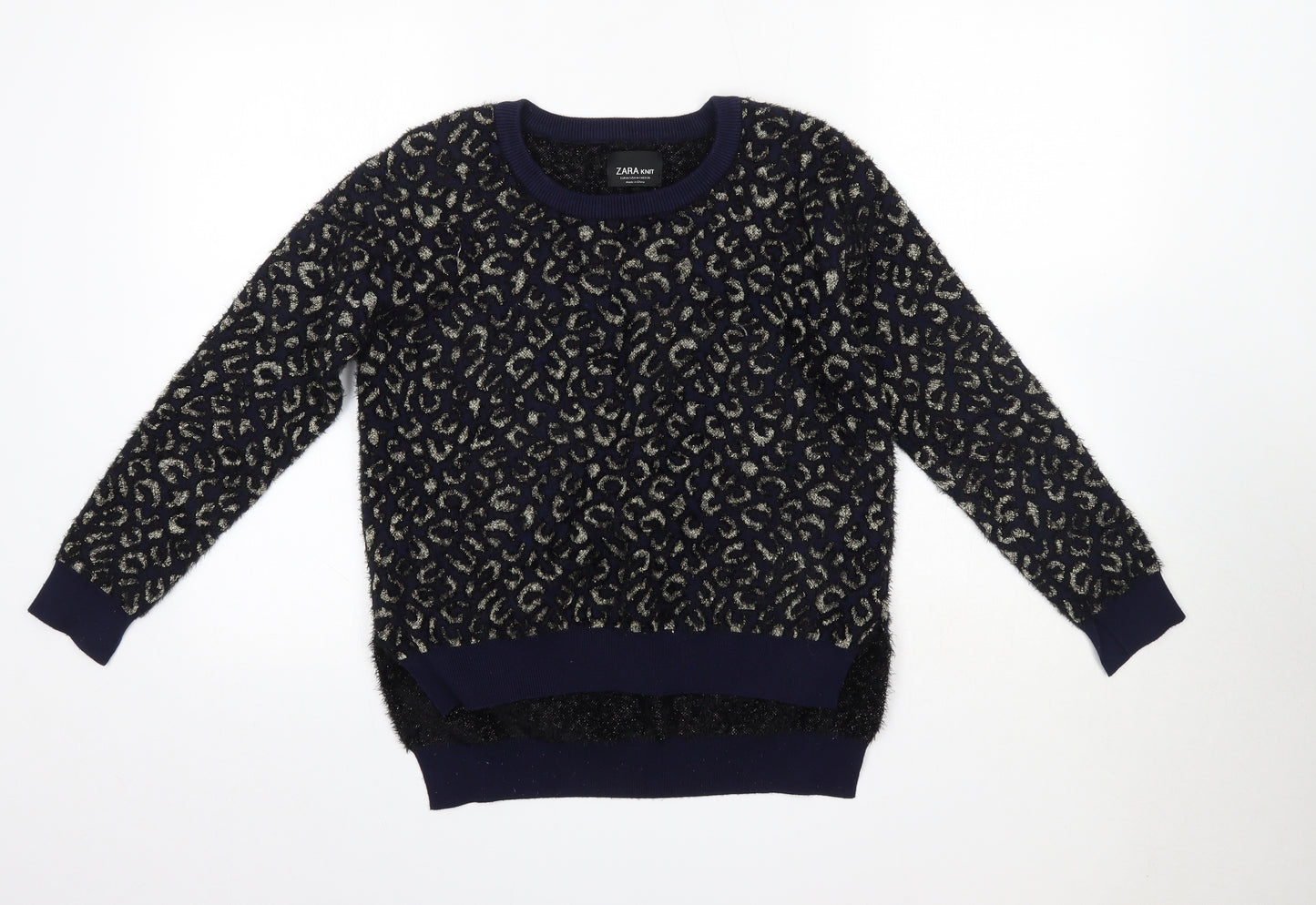 Zara Womens Blue Round Neck Animal Print Nylon Pullover Jumper Size M