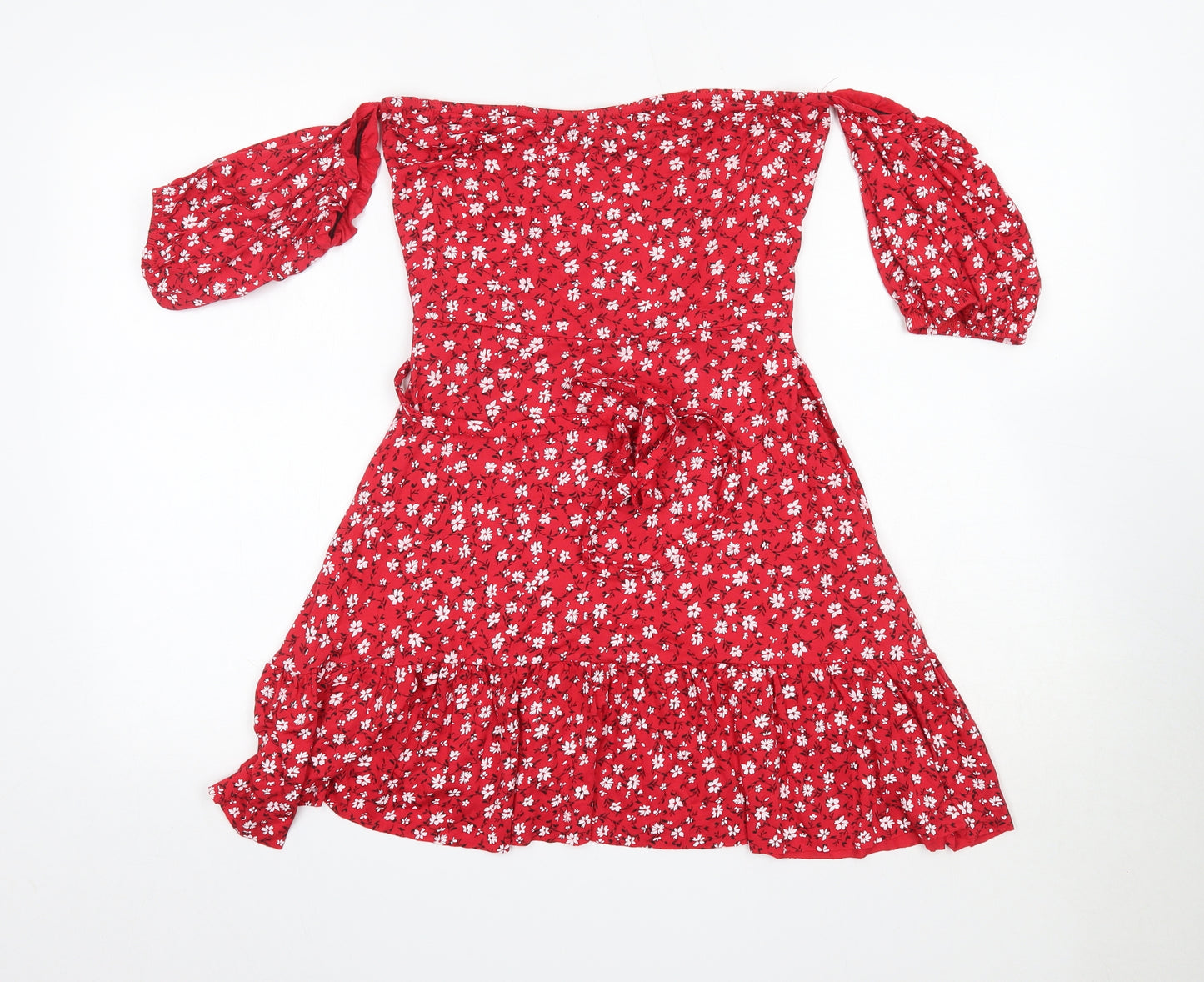PRETTYLITTLETHING Womens Red Floral Viscose A-Line  Size 14  Off the Shoulder