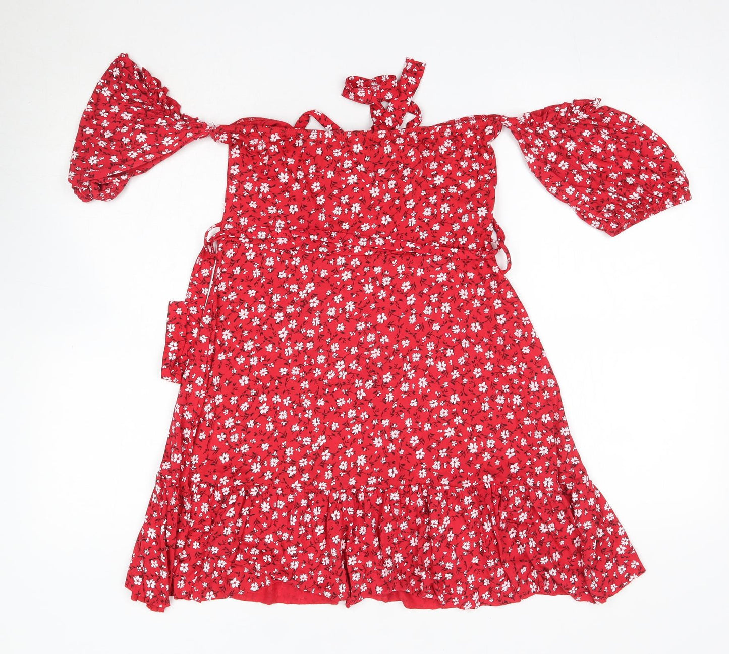 PRETTYLITTLETHING Womens Red Floral Viscose A-Line  Size 14  Off the Shoulder