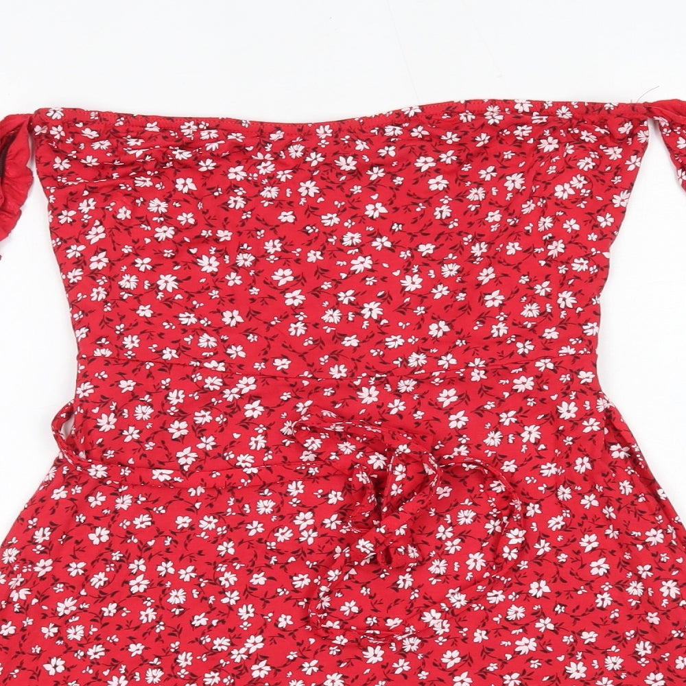 PRETTYLITTLETHING Womens Red Floral Viscose A-Line  Size 14  Off the Shoulder