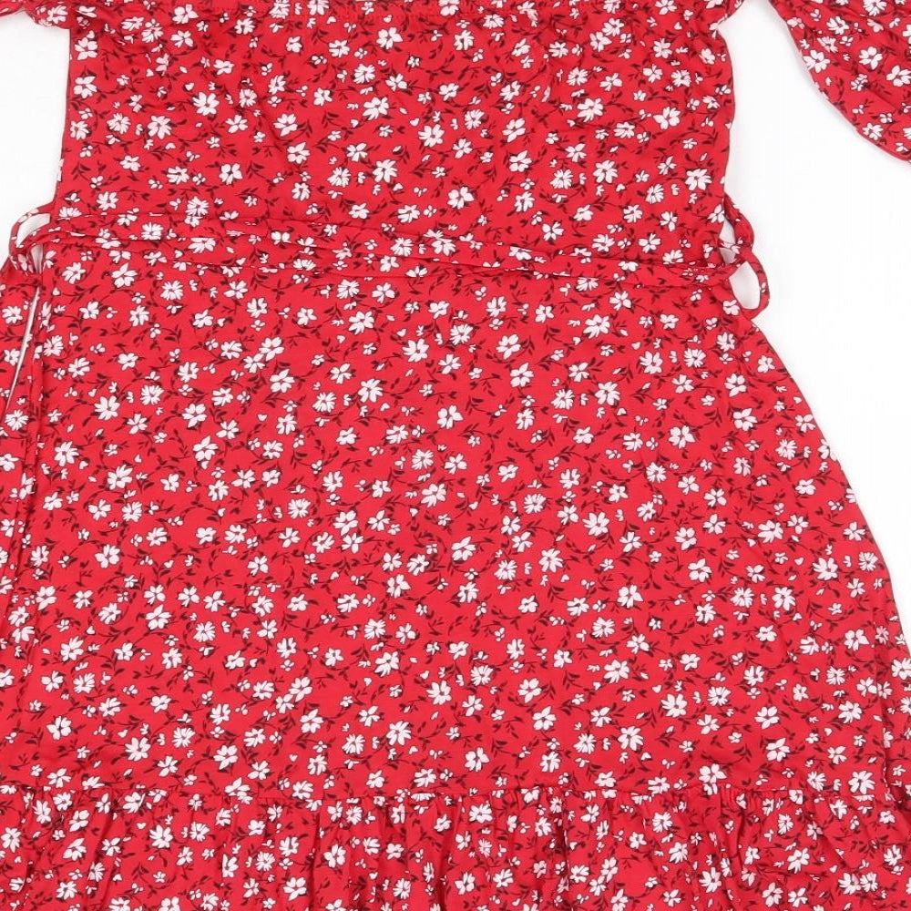 PRETTYLITTLETHING Womens Red Floral Viscose A-Line  Size 14  Off the Shoulder