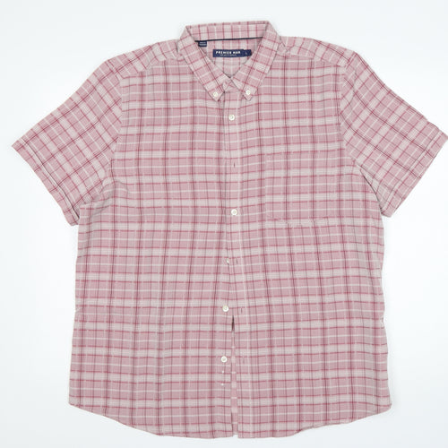 Premier Man Mens Pink Plaid Polyester  Button-Up Size L Collared