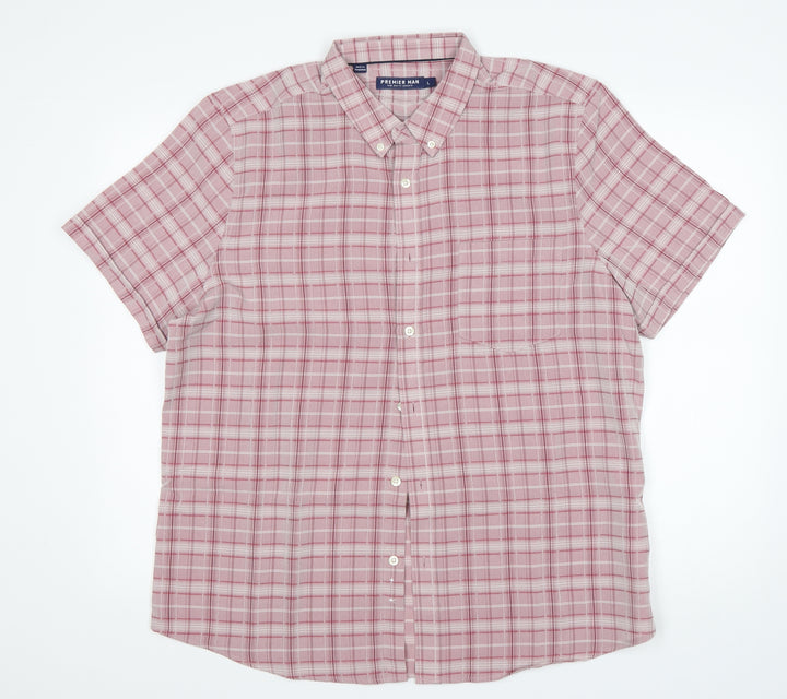 Premier Man Mens Pink Plaid Polyester  Button-Up Size L Collared