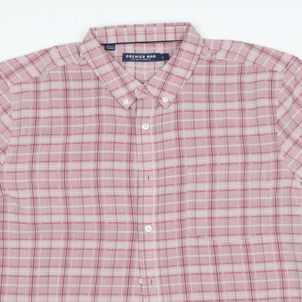 Premier Man Mens Pink Plaid Polyester  Button-Up Size L Collared