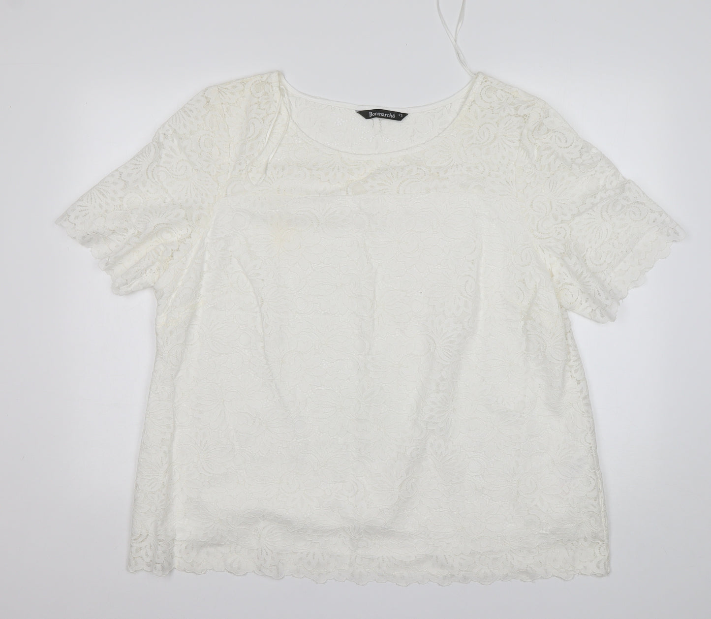 Bonmarché Womens White Floral Nylon Basic Blouse Size 22 Round Neck