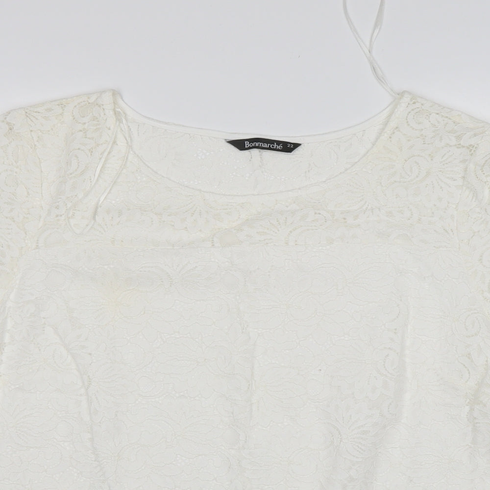 Bonmarché Womens White Floral Nylon Basic Blouse Size 22 Round Neck