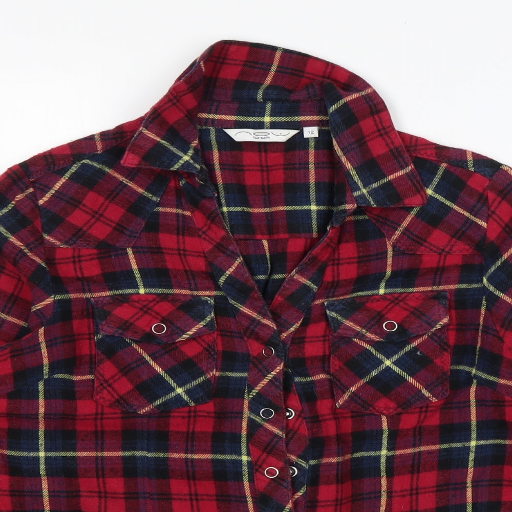New Look Womens Multicoloured Plaid Cotton Basic Button-Up Size 12 Collared