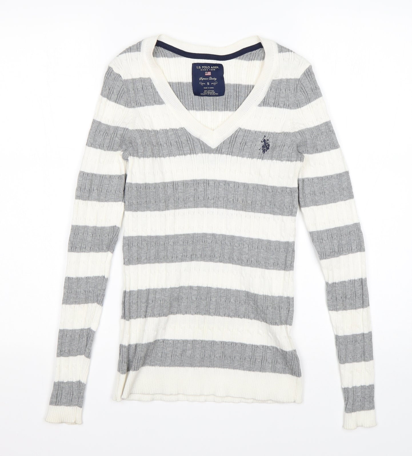 US Polo Assn. Womens Multicoloured V-Neck Striped Cotton Pullover Jumper Size S