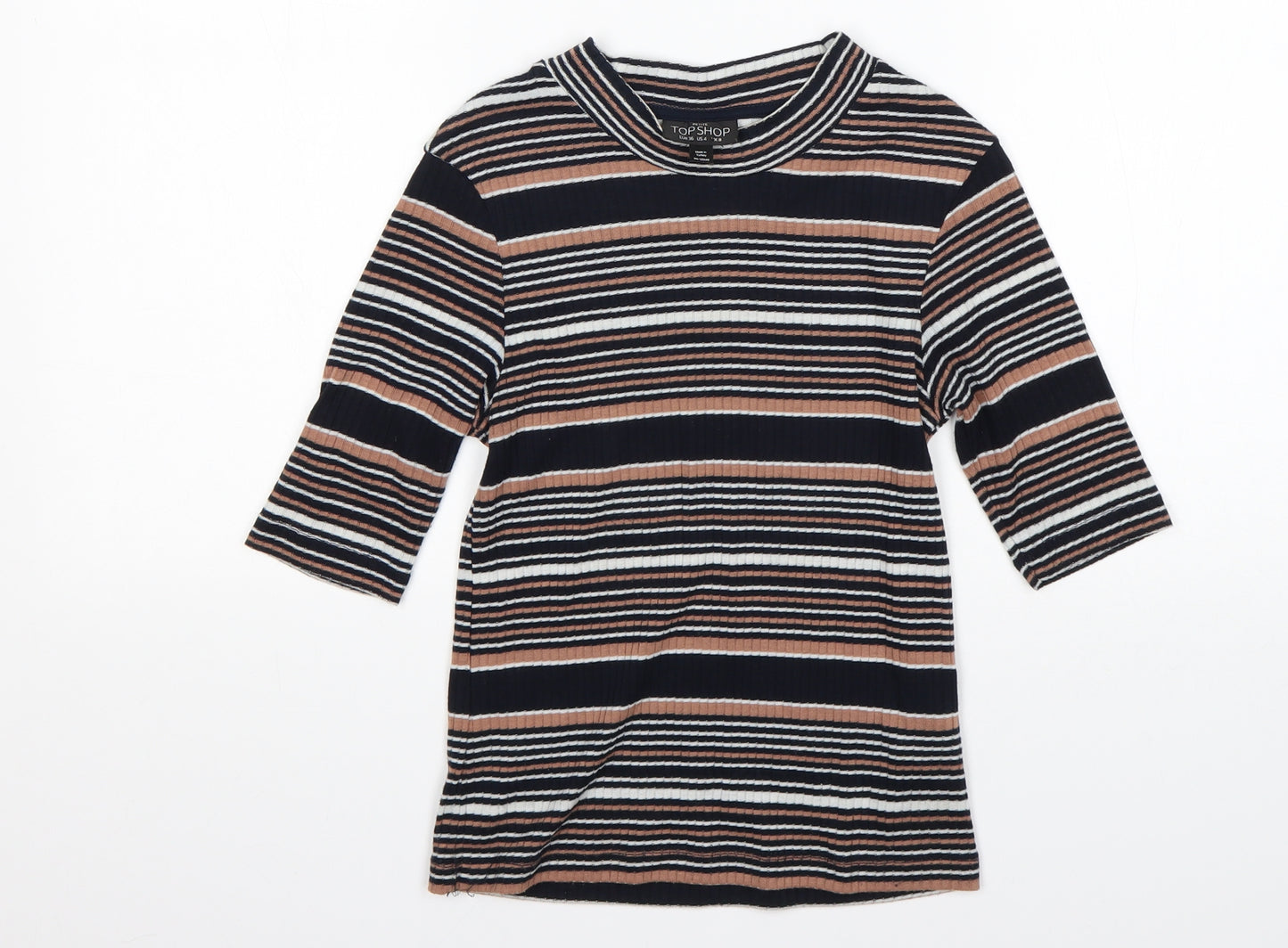 Topshop Womens Multicoloured Striped Polyester Basic T-Shirt Size 8 Round Neck