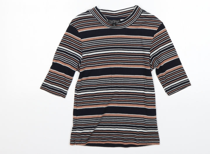 Topshop Womens Multicoloured Striped Polyester Basic T-Shirt Size 8 Round Neck
