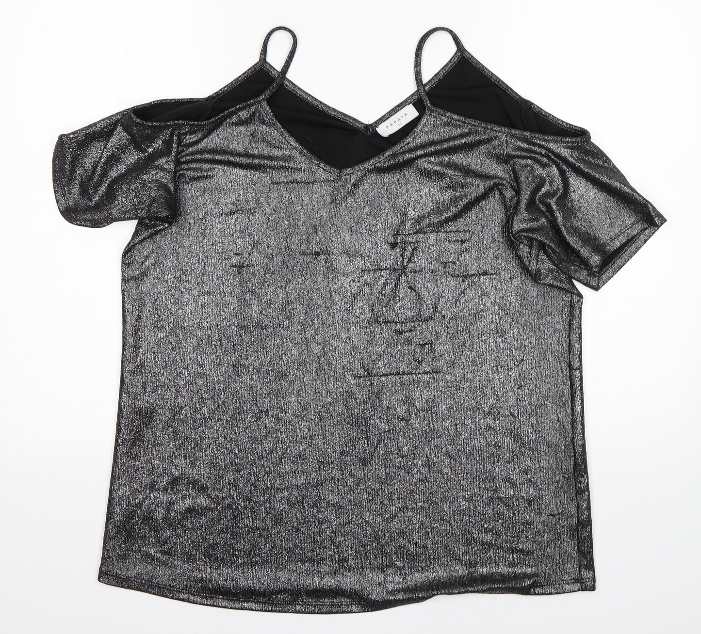 Papaya Womens Silver  Polyester Basic Blouse Size 12 V-Neck
