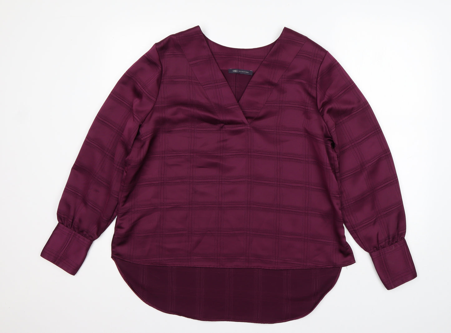 M&S Womens Purple Check Polyester Basic Blouse Size 14 V-Neck