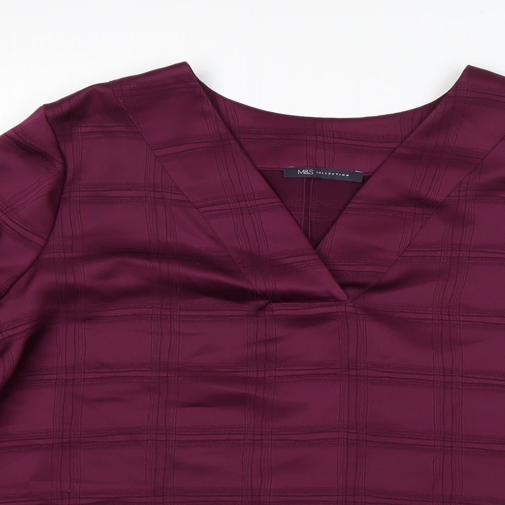 M&S Womens Purple Check Polyester Basic Blouse Size 14 V-Neck