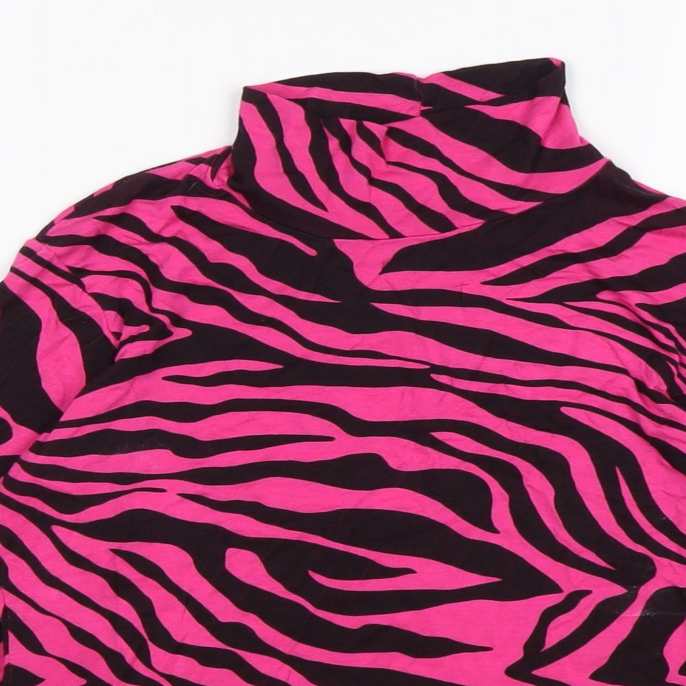 PRETTYLITTLETHING Womens Multicoloured Animal Print Viscose Basic T-Shirt Size 10 Roll Neck