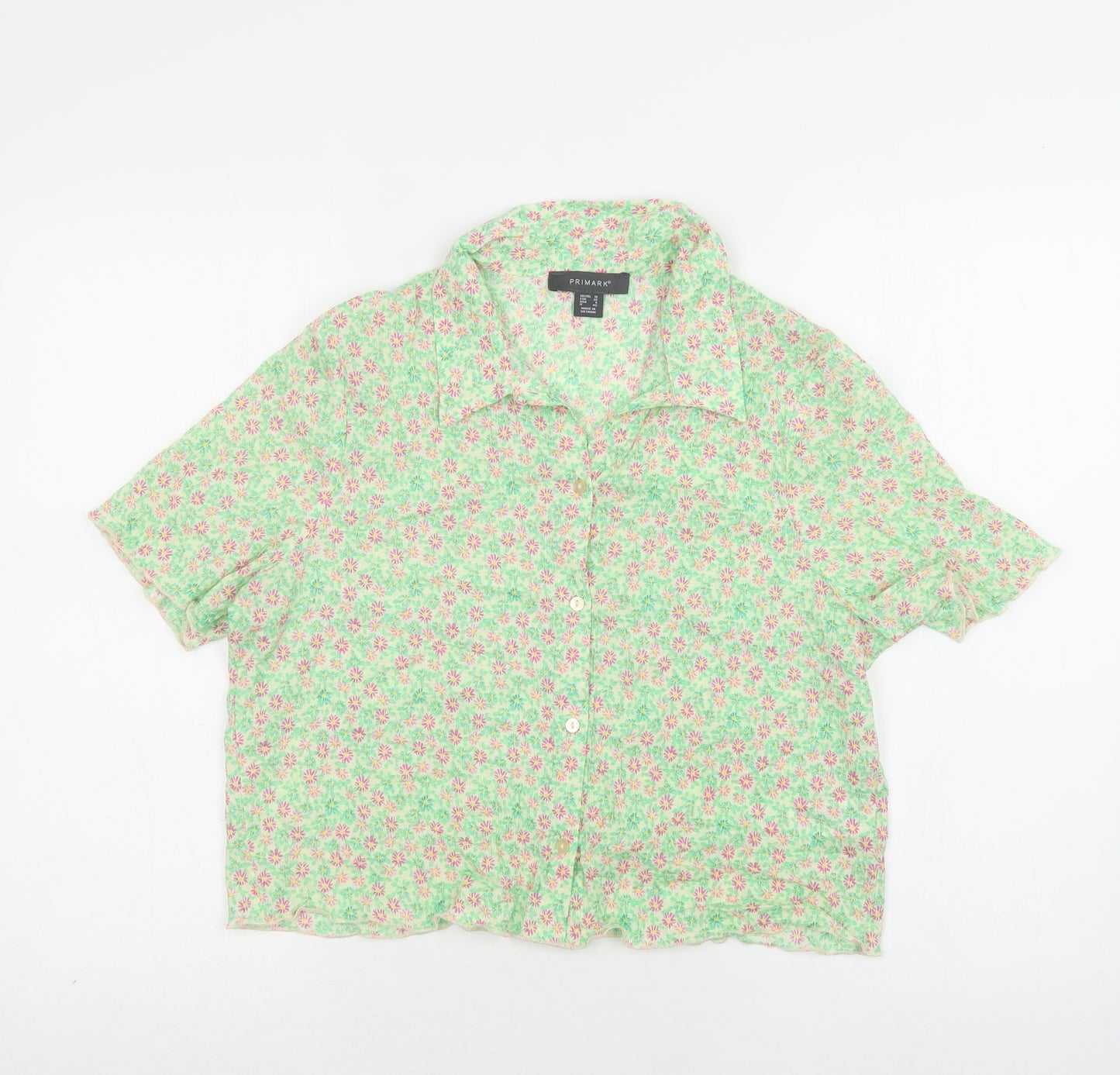Primark Womens Green Floral Cotton Basic Button-Up Size 10 Collared
