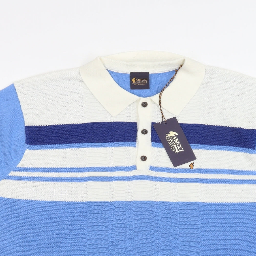 Gabicci Mens Beige Collared Striped Cotton Henley Jumper Size XL