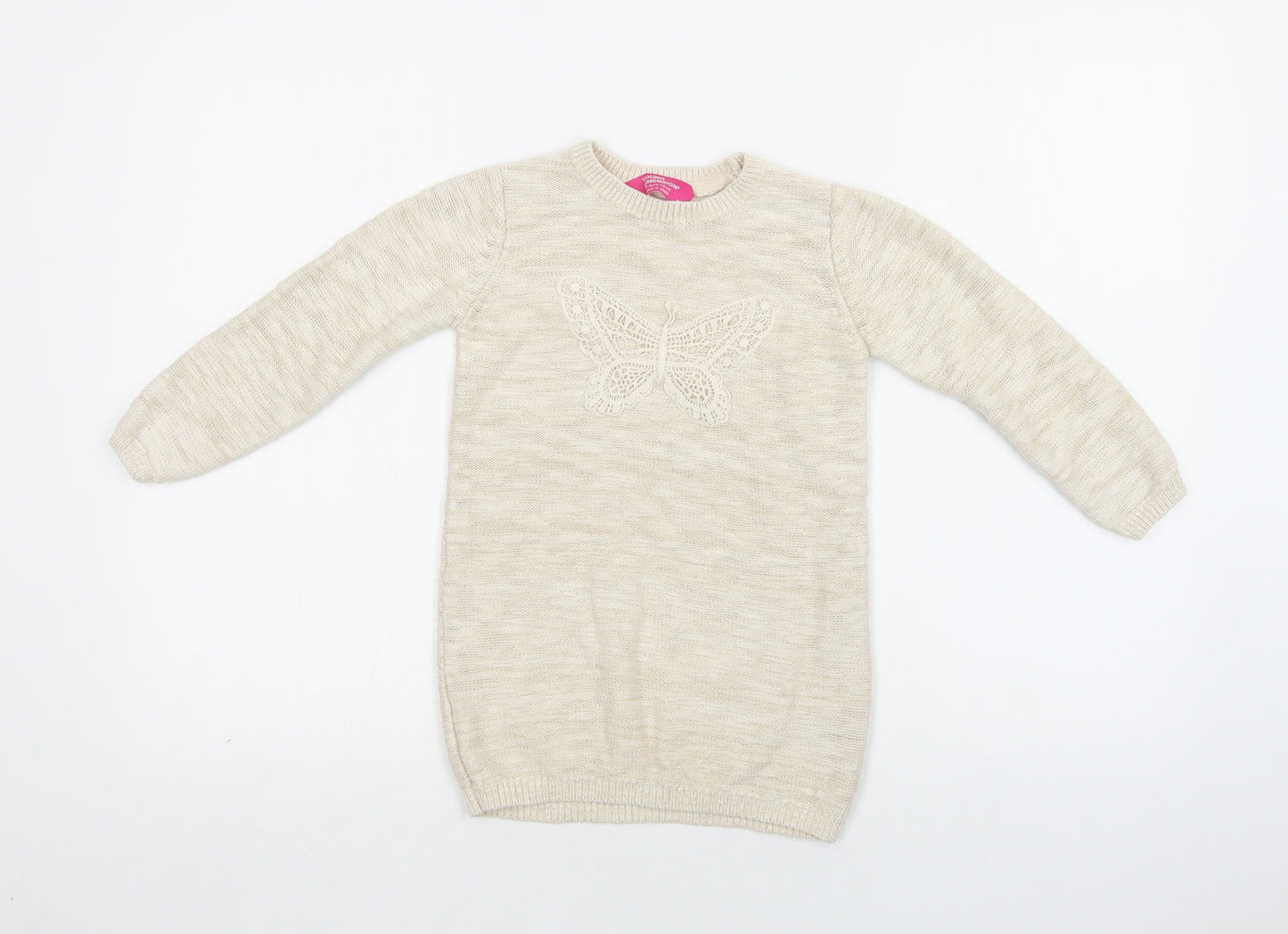 Primark Girls Beige Crew Neck  Cotton Tunic Jumper Size 5-6 Years   - Butterfly