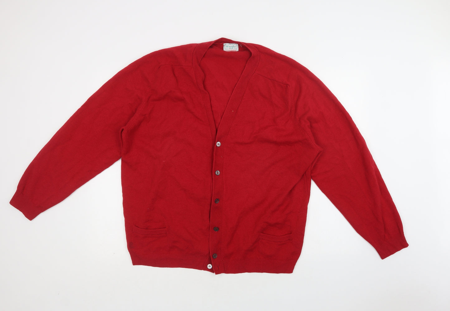 Benetton Womens Red V-Neck  Wool Cardigan Jumper Size XL