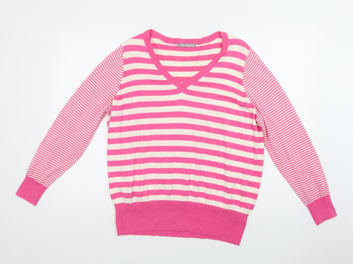 M&S Womens Pink V-Neck Striped Viscose Pullover Jumper Size 22