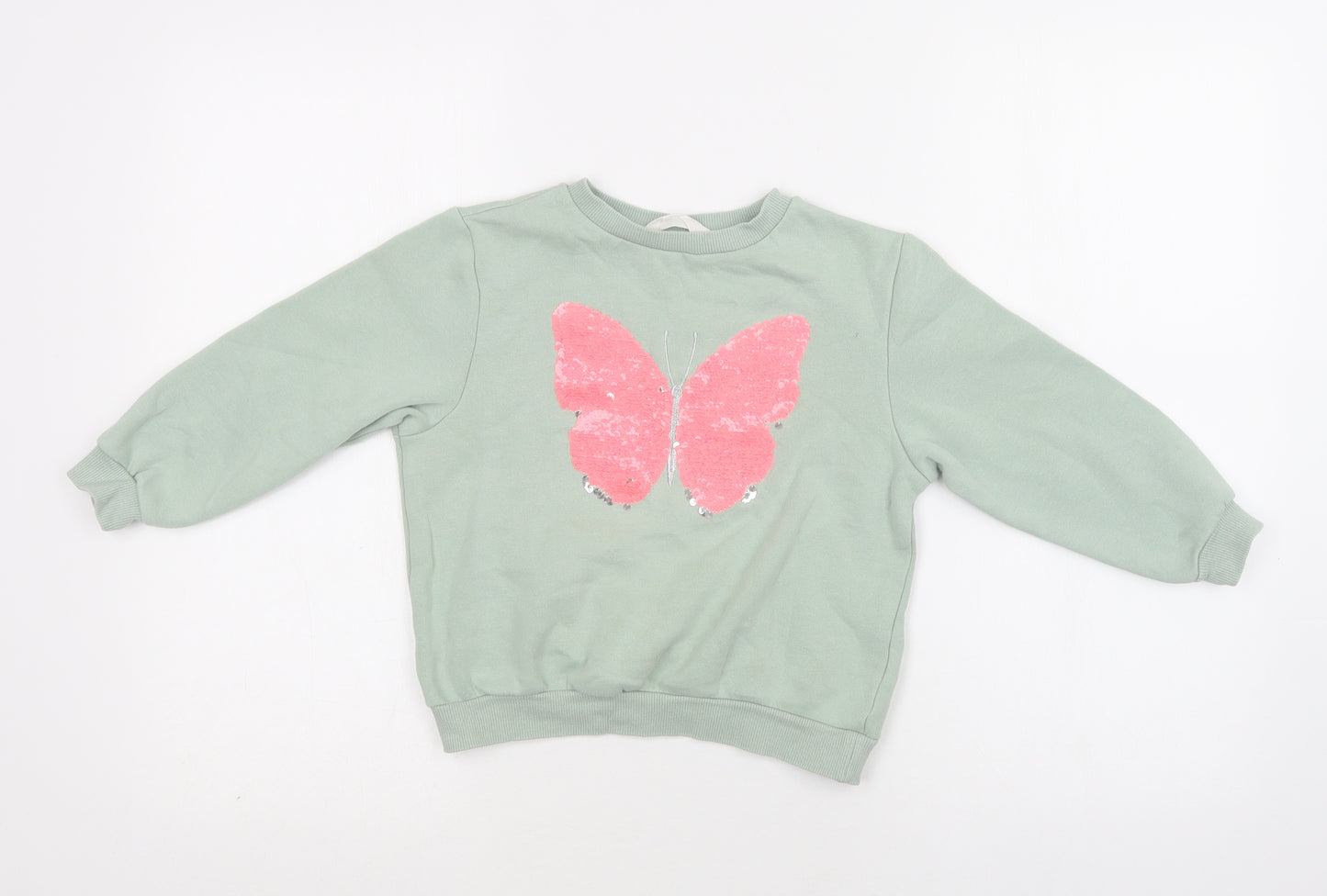 H&M Girls Green  Cotton Pullover Sweatshirt Size 5-6 Years   - Butterfly