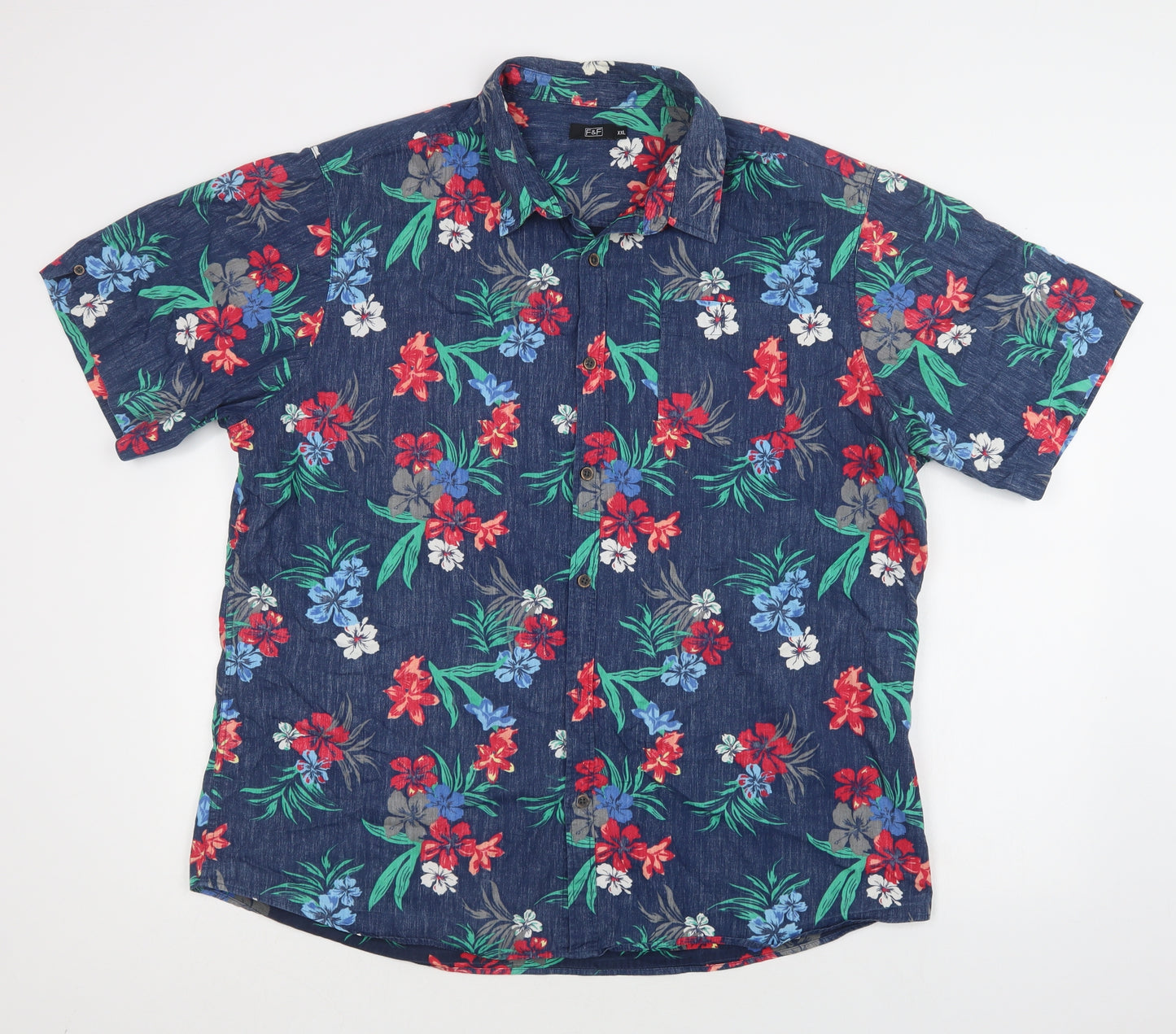 F&F Mens Blue Floral Cotton  Button-Up Size 2XL Collared Button