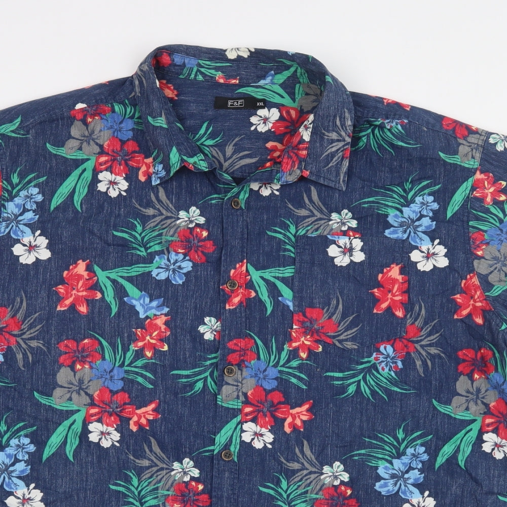 F&F Mens Blue Floral Cotton  Button-Up Size 2XL Collared Button