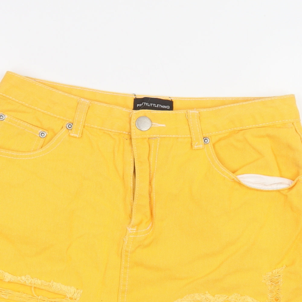 PRETTYLITTLETHING Womens Yellow  Cotton Mini Skirt Size 12   Button