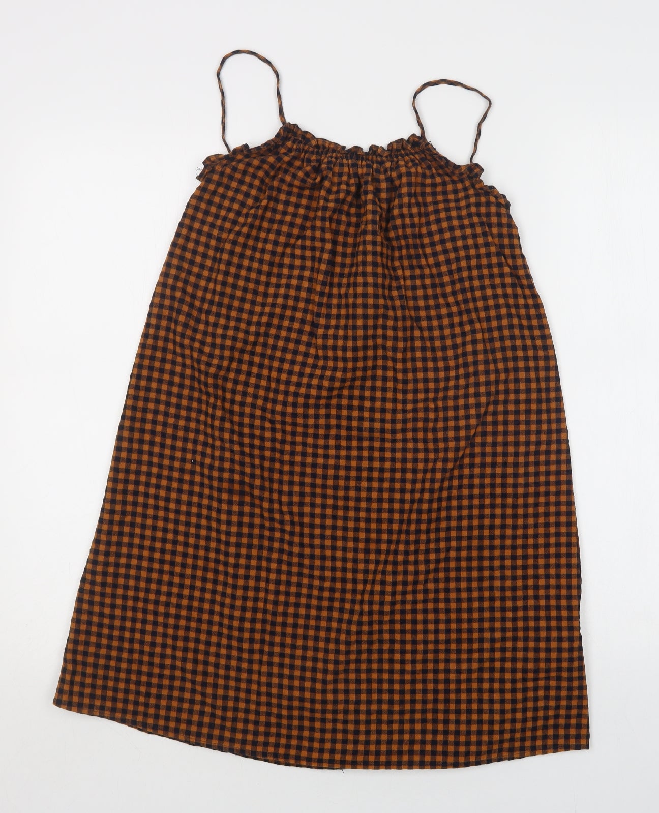 Zara Girls Brown Check Cotton A-Line  Size 9 Years  Square Neck